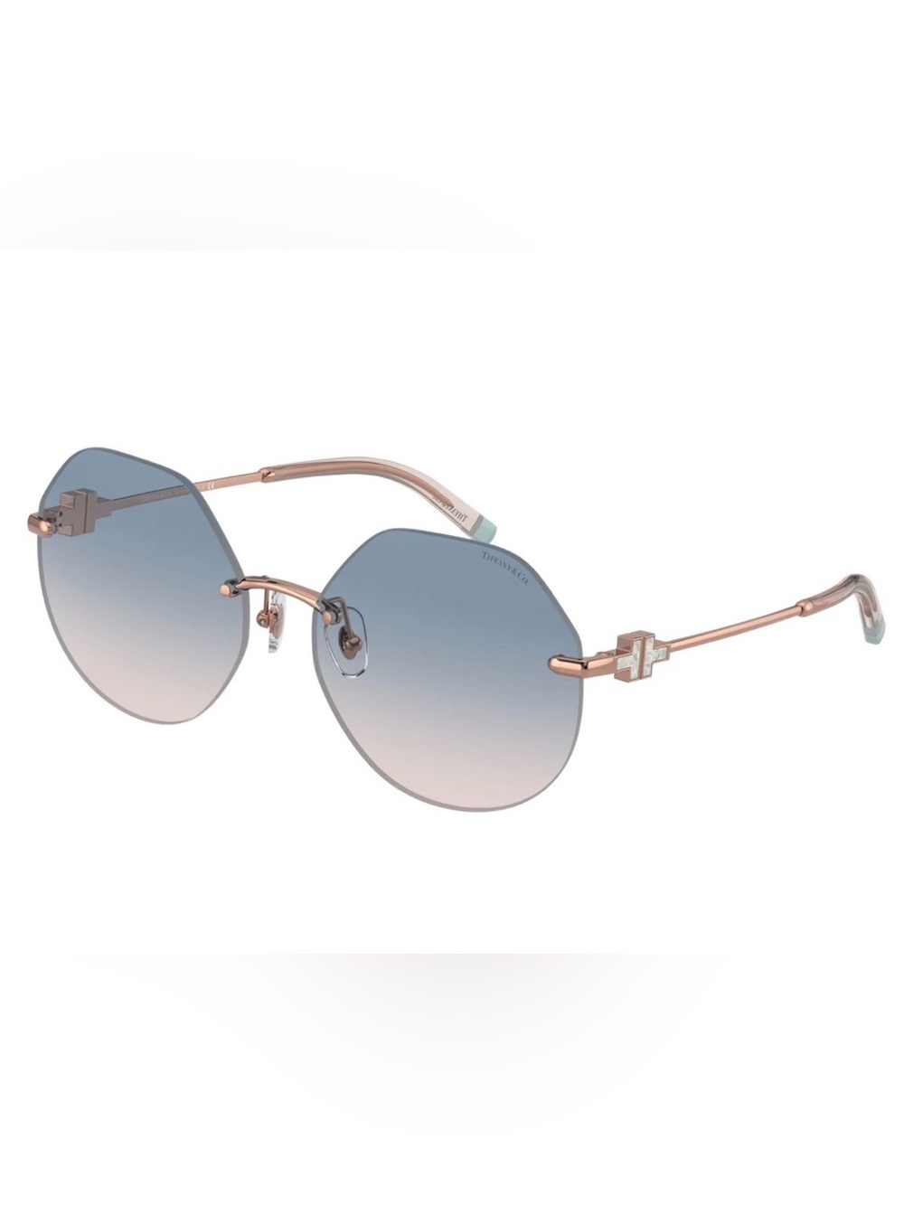 Tiffany & Co. Rose Gold Rimless Sunglasses with Blue Gradient Lenses